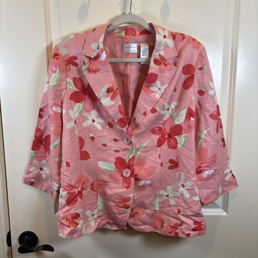 Emma‎ James Size 14 Coral Floral Button Up Blazer Jacket Linen Blend Garden